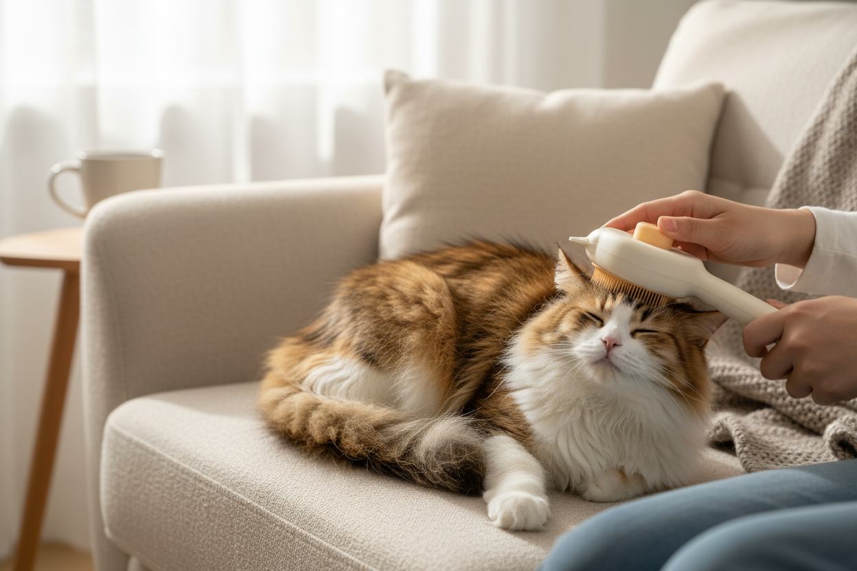 Massaging long-haired cat with white brush
