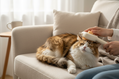 Massaging long-haired cat with white brush