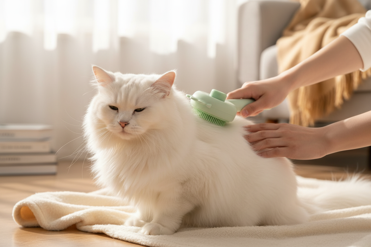 Massaging white cat with mint green brush