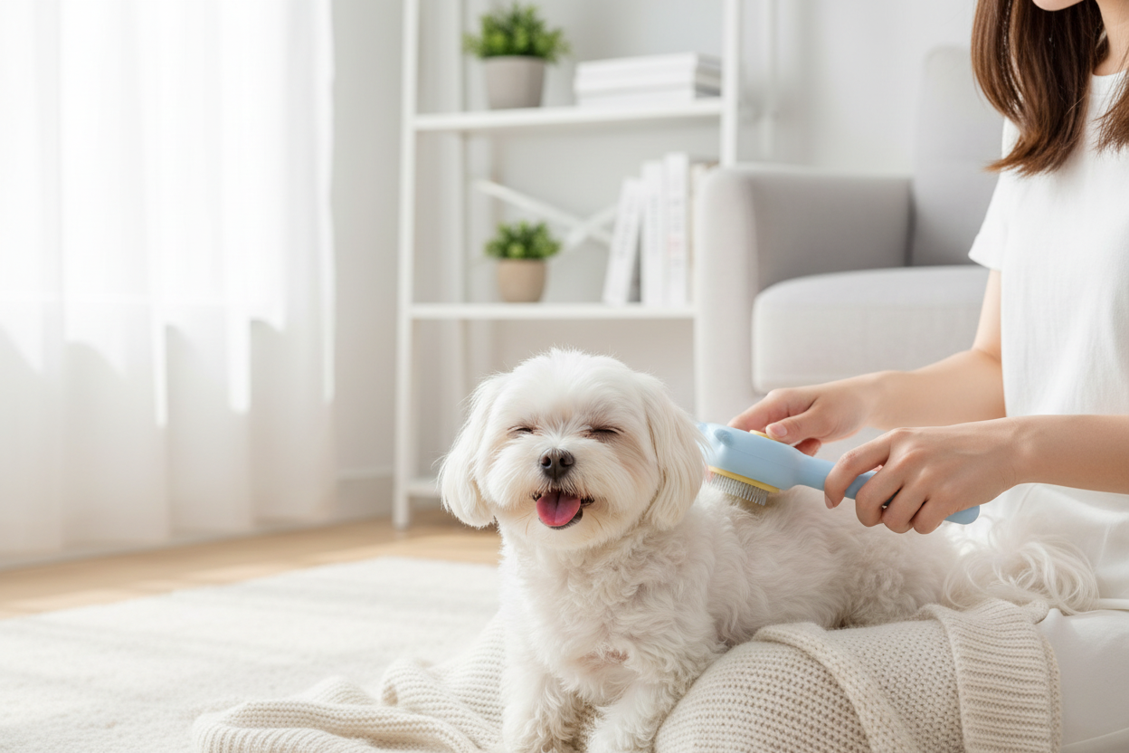 Using blue brush on small fluffy dog